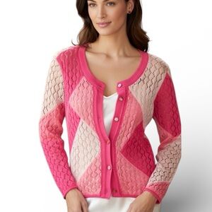 J. Jill Cotton Linen Blend Crochet Geometric Cardigan